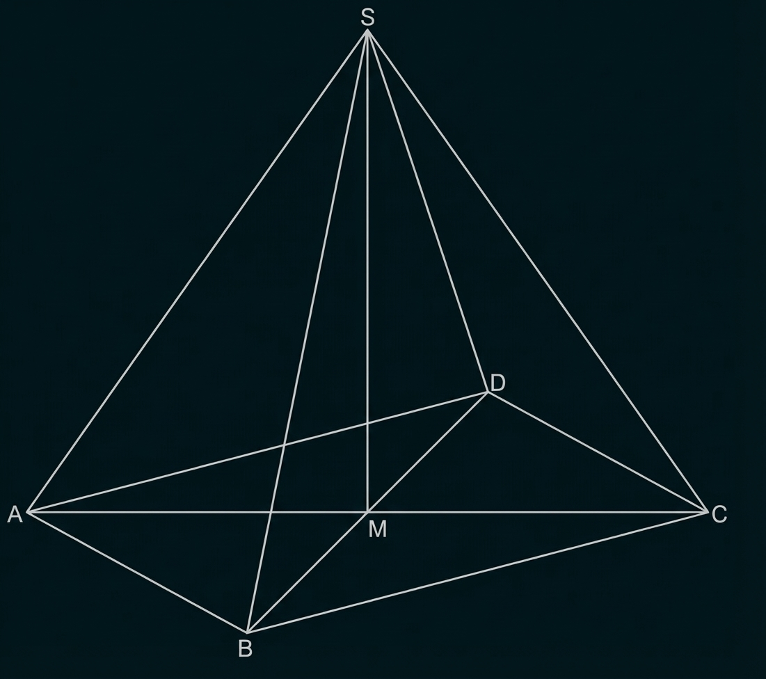 Geometrische Skizze eines pyramidenähnlichen Dreiecks mit Punkten S, A, B, C, D, M und mehreren Verbindungsstrecken.